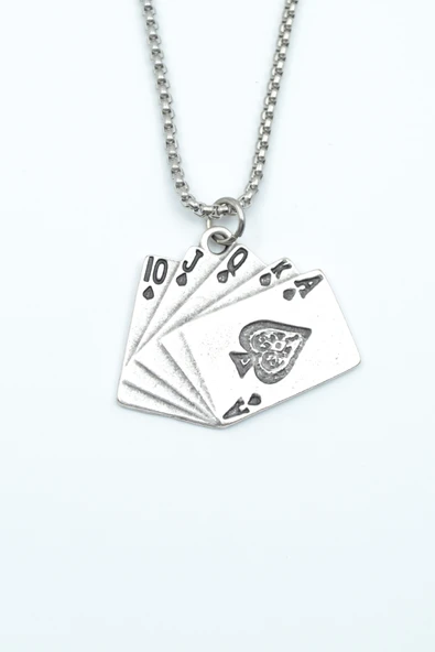 Poker İskambil Gümüş Kaplama Örme Zincir Kolye ürün görseli 1