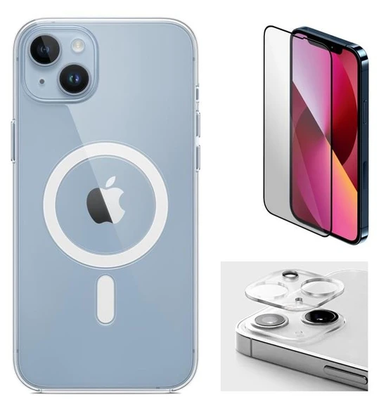 Vendas iPhone 13 Uyumlu ( iPhone 13 ) Magsafe Şarj Destekli Darbe Dirençli Fit Hard Silikon Kılıf + Kamera Lens + Cam Ekran Koruyucu - 2