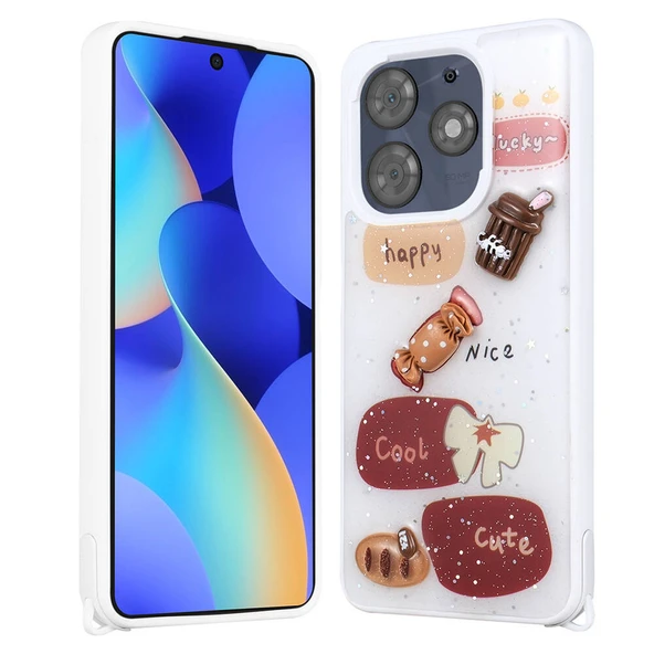 Tecno Spark 10 Pro Kılıf Parlayan Simli Kabartma Figürlü Zore Cevze Kapak - Resim 6
