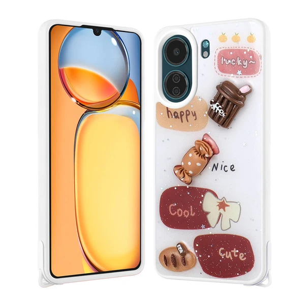 Xiaomi Poco C65 Kılıf Parlayan Simli Kabartma Figürlü Zore Cevze Kapak - 11