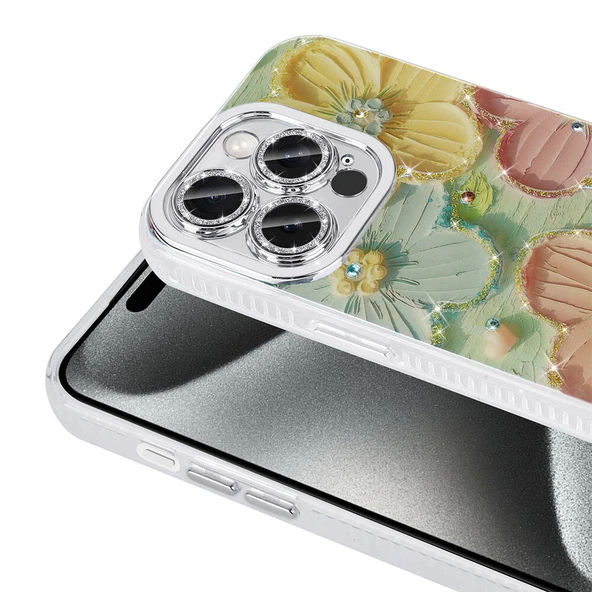 Apple iPhone 14 Pro Max Kılıf Çiçek Desenli Parlak Taşlı Sert Silikon Zore Garden Kapak - 4