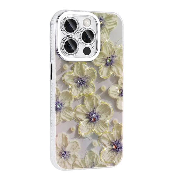Apple iPhone 14 Pro Max Kılıf Çiçek Desenli Parlak Taşlı Sert Silikon Zore Garden Kapak - 9