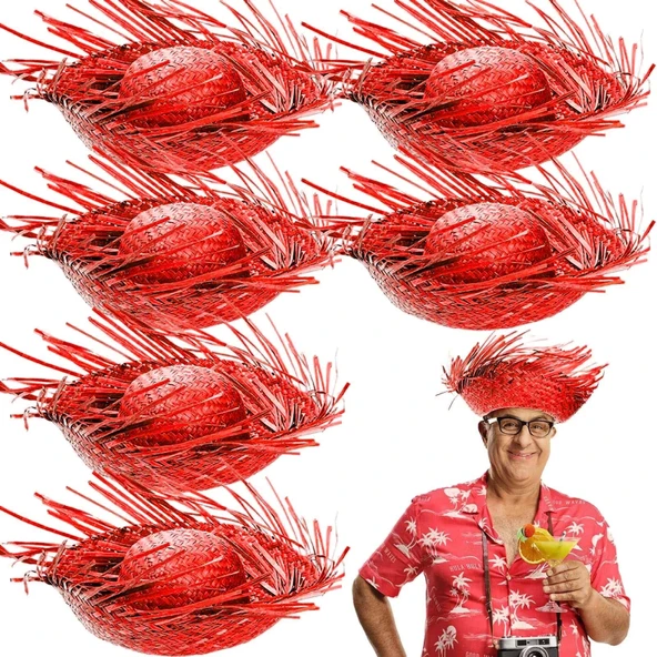 Tropikal Parti Kırmızı Hasır Hawaii Şapkası 13x36 Cm - 2