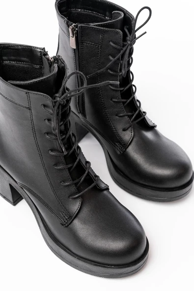 5109-3025 Siyah Bağcıklı Fermuarlı Kalın Topuklu Günlük Kadın Bot - Resim 4