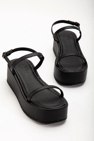 861-1027 Siyah Dolgu Topuk Kadın Sandalet - 5