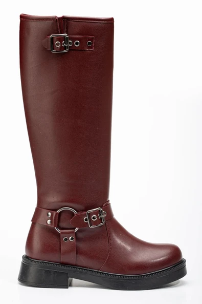 02-312 Bordo Toka Aksesuarlı Fermuarlı Günlük Kadın Çizme - Resim 4