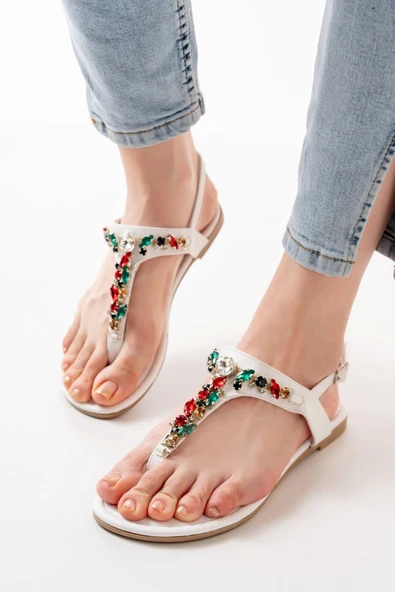 152-1110 Beyaz Multi Taşlı Parmak Arası Kadın Sandalet - Resim 5