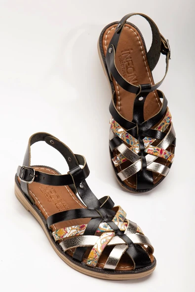 205-02 Siyah Garni Ortopedik Hakiki Deri Kadın Sandalet - Resim 5