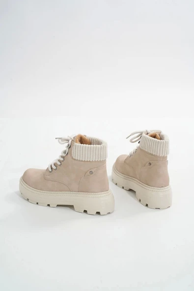 LMÇ-2045 Bej Süet Bağcıklı Kalın Taban Kadın Günlük Bot - 5