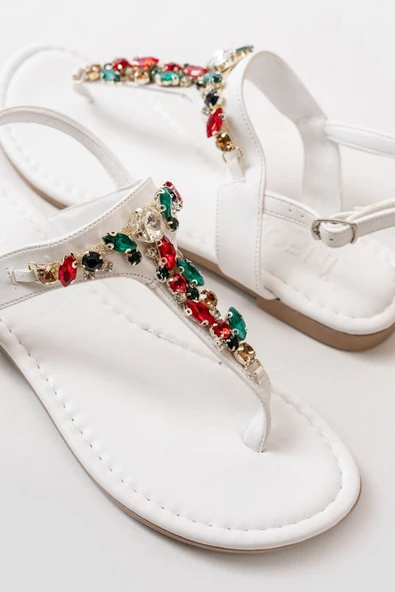 152-1110 Beyaz Multi Taşlı Parmak Arası Kadın Sandalet - Resim 3