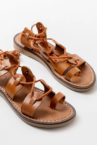 205-01 Taba Bilekten Bağlamalı Ortopedik Hakiki Deri Kadın Sandalet - Resim 2