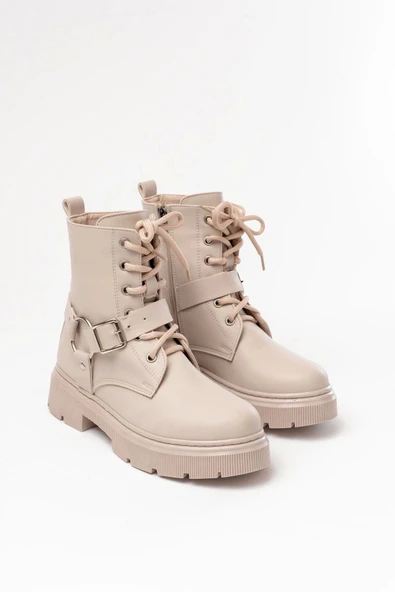 508-3038 Bej Toka Aksesuarlı Fermuarlı Günlük Kadın Bot - Resim 5