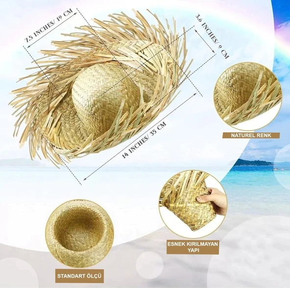 Tropikal Parti Naturel Hasır Hawaii Şapkası 13x36 Cm - 5