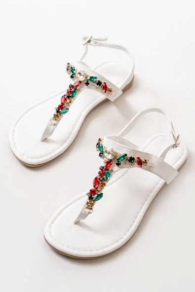 152-1110 Beyaz Multi Taşlı Parmak Arası Kadın Sandalet - Resim 2