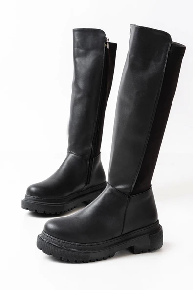 812-305 Siyah Arkası Streç Fermuarlı Günlük Kadın Çizme - Resim 5