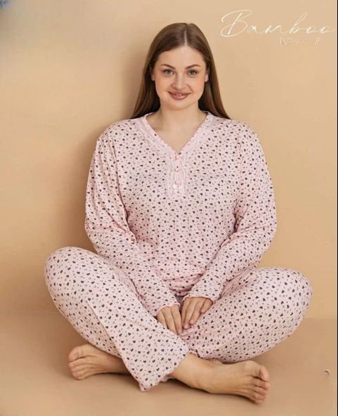 Pijamerry Kadın Büyük Beden Dantel Yaka Bambu Uzun Kol İnce Pijama Takımı 5674 - 1 Adet  2XL Pudra - Resim 2