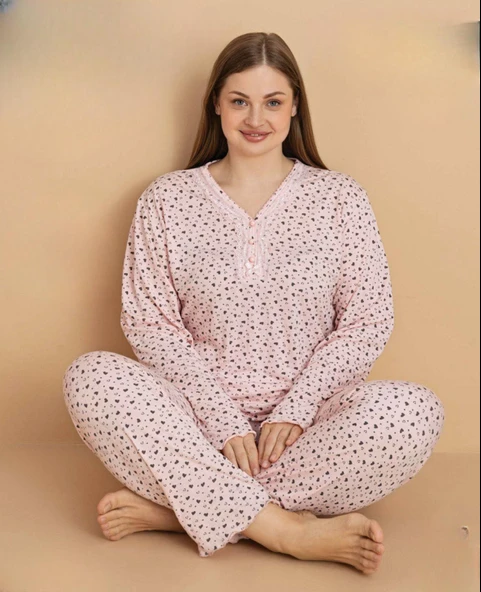 Pijamerry Kadın Büyük Beden Dantel Yaka Bambu Uzun Kol İnce Pijama Takımı 5674 - 1 Adet  4XL Pudra