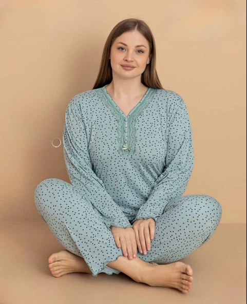 Pijamerry Kadın Büyük Beden Dantel Yaka Bambu Uzun Kol İnce Pijama Takımı 5671 - 1 Adet  Yeşil 5XL