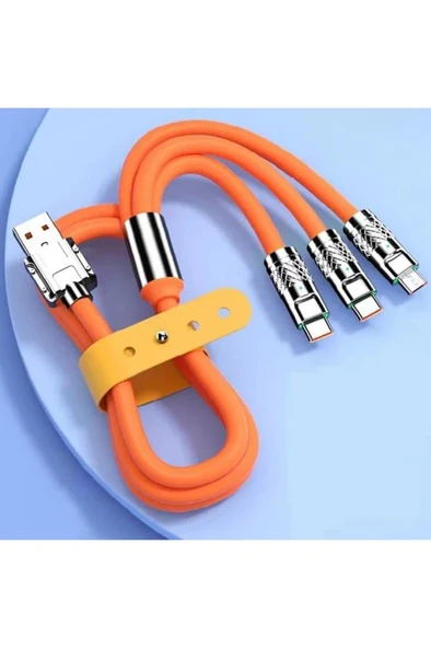 6A 120W 3 in 1 Usb to Type-C + Micro Usb + Lightning Hızlı Şarj Kablosu Silikon Kablo 1 Metre - 3