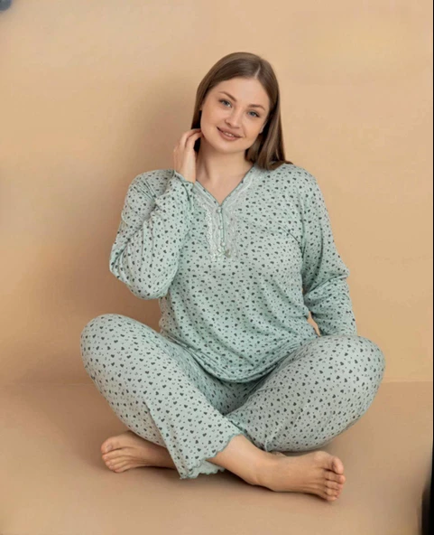 Pijamerry Kadın Büyük Beden Dantel Yaka Bambu Uzun Kol İnce Pijama Takımı 5670 - 1 Adet  Yeşil 2XL