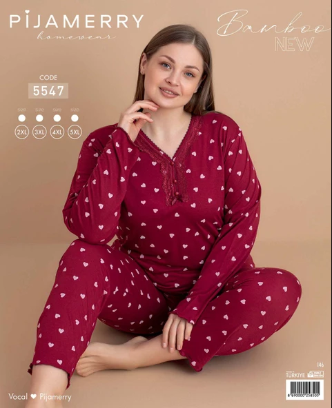 Pijamerry Kadın Büyük Beden Dantel Yaka Bambu Uzun Kol İnce Pijama Takımı 5547 - 1 Adet  Kırmızı 3XL - 3