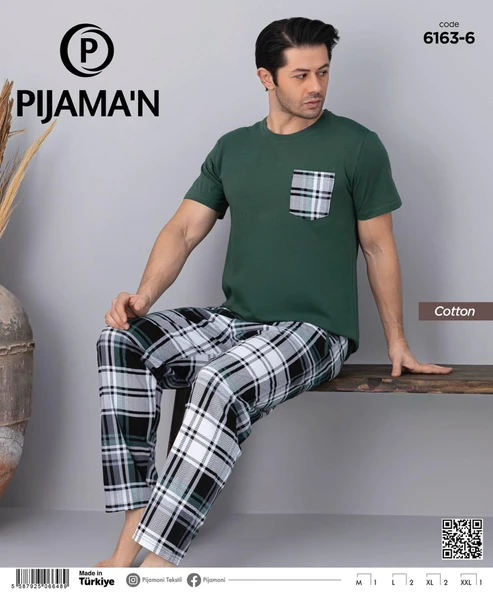 Pijamoni Erkek Bisiklet Yaka Kısa Kol İnce Pijama Takımı 6163/6 - 1 Adet  M Yeşil - Resim 2