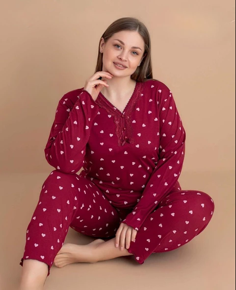 Pijamerry Kadın Büyük Beden Dantel Yaka Bambu Uzun Kol İnce Pijama Takımı 5547 - 1 Adet  4XL Kırmızı