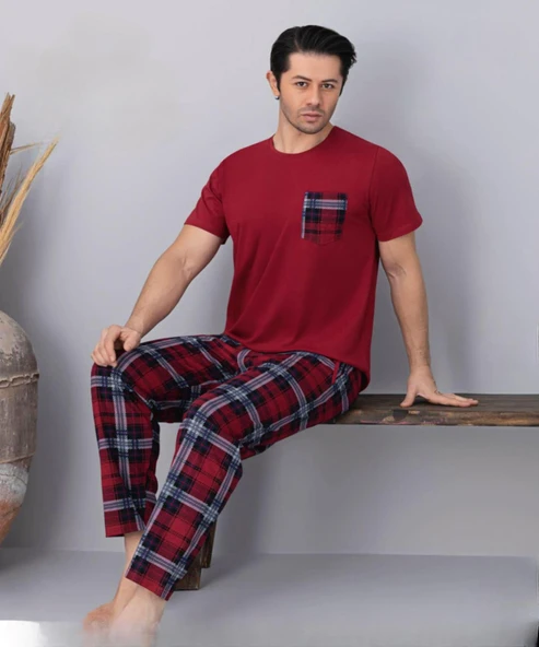 Pijamoni Erkek Bisiklet Yaka Kısa Kol İnce Pijama Takımı 6163/9 - 1 Adet  Bordo 2XL ürün görseli