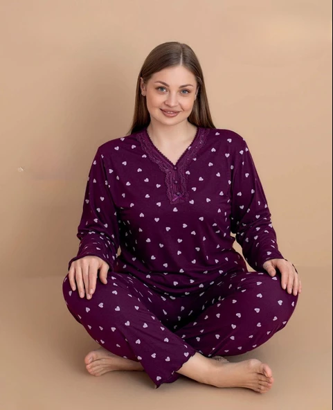 Pijamerry Kadın Büyük Beden Dantel Yaka Bambu Uzun Kol İnce Pijama Takımı 5542 - 1 Adet  2XL Mürdüm