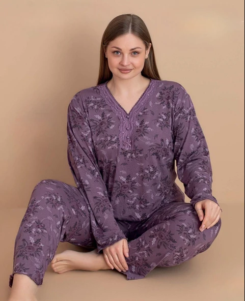 Pijamerry Kadın Büyük Beden Dantel Yaka Bambu Uzun Kol İnce Pijama Takımı 5548 - 1 Adet  Mürdüm 3XL