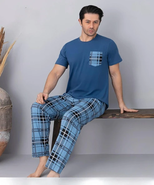 Pijamoni Erkek Bisiklet Yaka Kısa Kol İnce Pijama Takımı 6163/10 - 1 Adet  XL Mavi