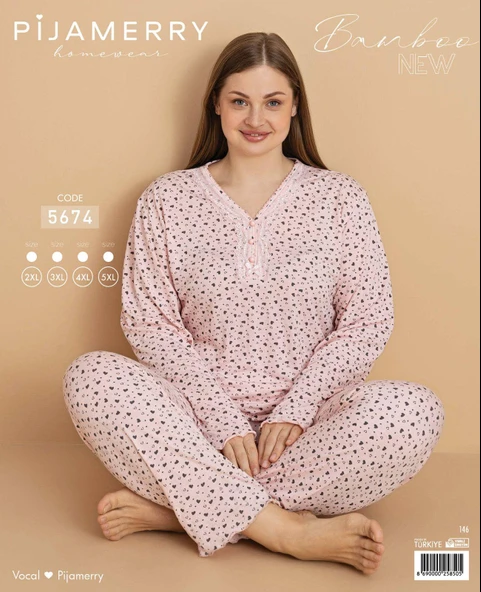 Pijamerry Kadın Büyük Beden Dantel Yaka Bambu Uzun Kol İnce Pijama Takımı 5674 - 1 Adet  2XL Pudra - Resim 3