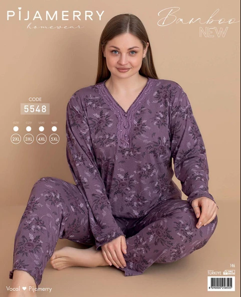 Pijamerry Kadın Büyük Beden Dantel Yaka Bambu Uzun Kol İnce Pijama Takımı 5548 - 1 Adet  2XL Mürdüm - 3