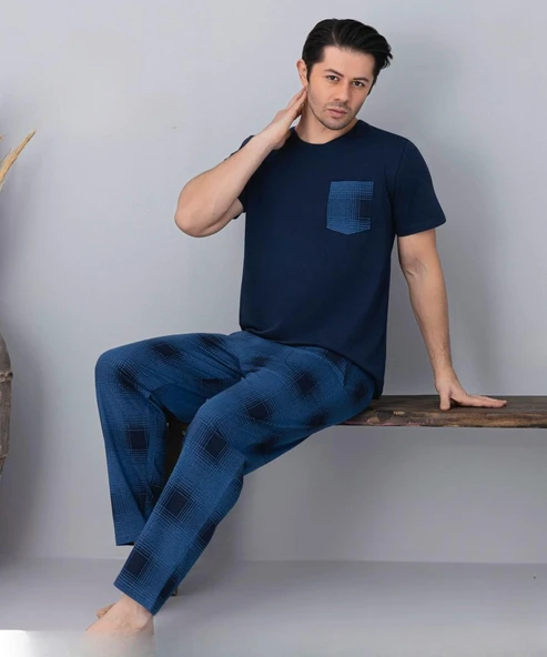 Pijamoni Erkek Bisiklet Yaka Kısa Kol İnce Pijama Takımı 6163/5 - 1 Adet  XL Lacivert
