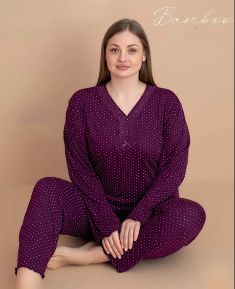 Pijamerry Kadın Büyük Beden Dantel Yaka Bambu Uzun Kol İnce Pijama Takımı 5541 - 1 Adet  4XL Mürdüm - Resim 2