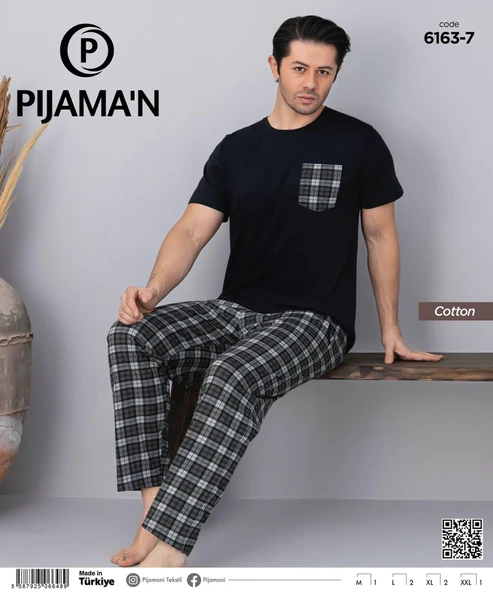 Pijamoni Erkek Bisiklet Yaka Kısa Kol İnce Pijama Takımı 6163/7 - 1 Adet  Siyah L - Resim 2