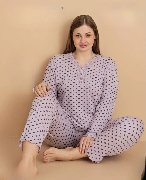Pijamerry Kadın Büyük Beden Dantel Yaka Bambu Uzun Kol İnce Pijama Takımı 5675 - 1 Adet  4XL Lila