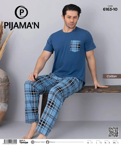 Pijamoni Erkek Bisiklet Yaka Kısa Kol İnce Pijama Takımı 6163/10 - 1 Adet  L Mavi - Resim 2
