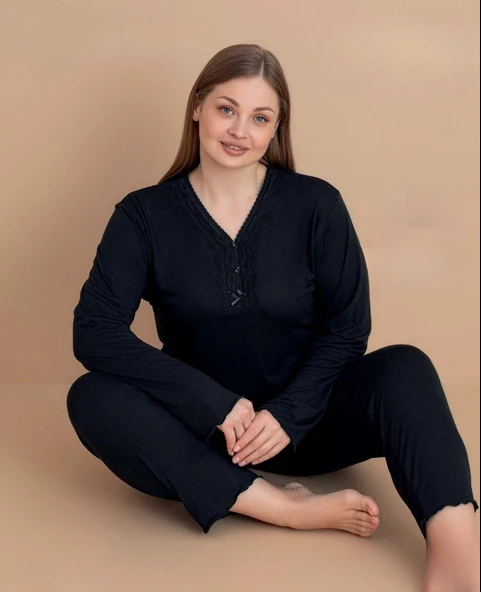 Pijamerry Kadın Büyük Beden Dantel Yaka Bambu Uzun Kol İnce Pijama Takımı 5544 - 1 Adet  Siyah 5XL