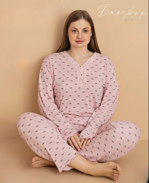 Pijamerry Kadın Büyük Beden Dantel Yaka Bambu Uzun Kol İnce Pijama Takımı 5673 - 1 Adet  Pembe 3XL - 2