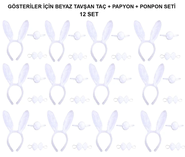 Beyaz Tavşan Kostüm Seti – Taç, Papyon, Kuyruk (12’li Paket) - 1