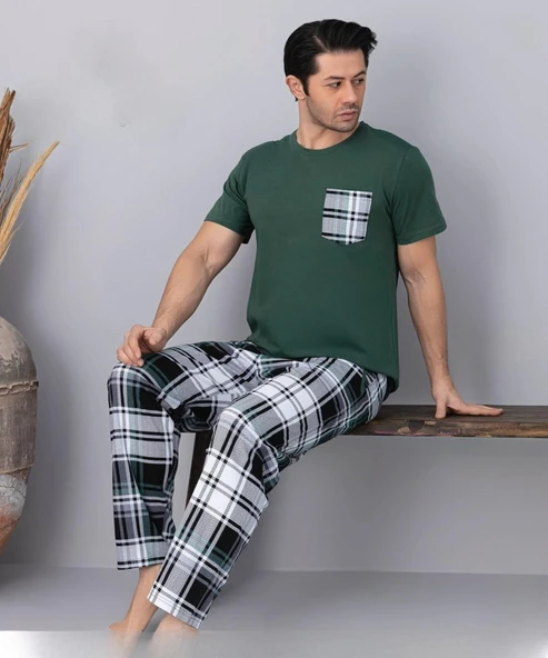 Pijamoni Erkek Bisiklet Yaka Kısa Kol İnce Pijama Takımı 6163/6 - 1 Adet  M Yeşil ürün görseli