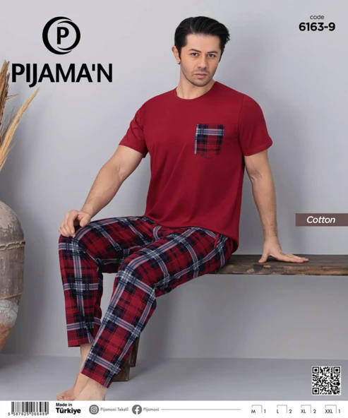 Pijamoni Erkek Bisiklet Yaka Kısa Kol İnce Pijama Takımı 6163/9 - 1 Adet  L Bordo - Resim 2