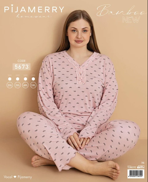 Pijamerry Kadın Büyük Beden Dantel Yaka Bambu Uzun Kol İnce Pijama Takımı 5673 - 1 Adet  4XL Pembe - 3