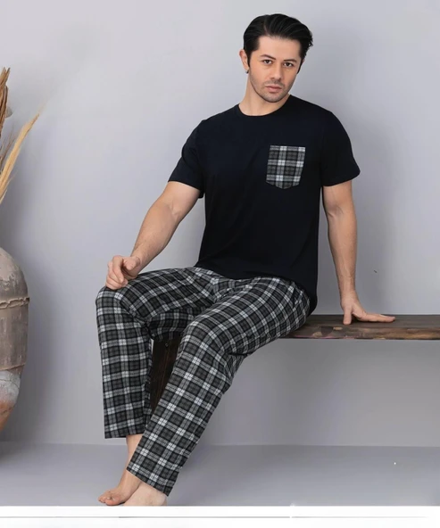 Pijamoni Erkek Bisiklet Yaka Kısa Kol İnce Pijama Takımı 6163/7 - 1 Adet  Siyah 2XL
