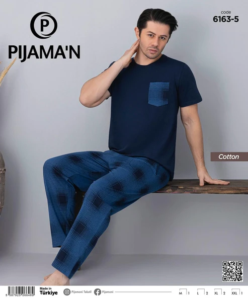 Pijamoni Erkek Bisiklet Yaka Kısa Kol İnce Pijama Takımı 6163/5 - 1 Adet  M Lacivert - 2