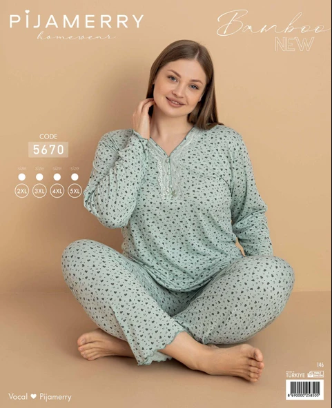 Pijamerry Kadın Büyük Beden Dantel Yaka Bambu Uzun Kol İnce Pijama Takımı 5670 - 1 Adet  Yeşil 3XL - 3