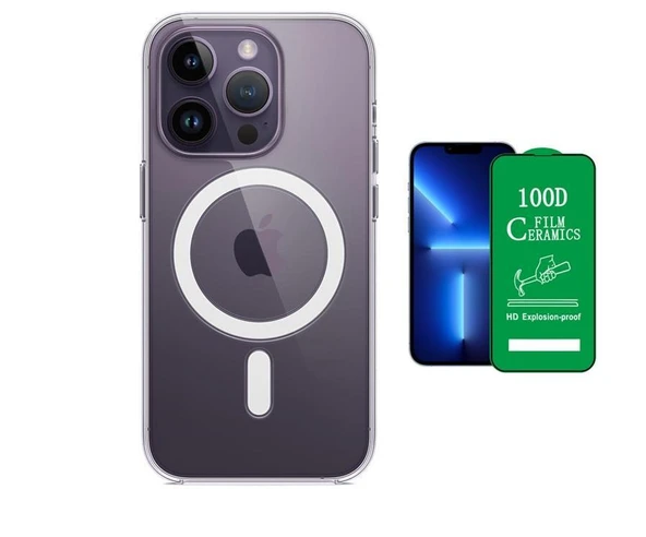 Vendas iPhone 14 Pro Uyumlu (14 Pro) Magsafe Şarj Destekli Darbe Dirençli Fit Hard Silikon Kılıf + Seramik Nano Ekran Koruyucu ürün görseli