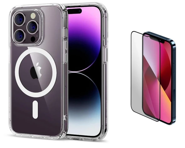 Vendas iPhone 13 Pro Uyumlu (13 Pro) Magsafe Şarj Destekli Darbe Dirençli Fit Hard Silikon Kılıf + Cam Ekran Koruyucu
