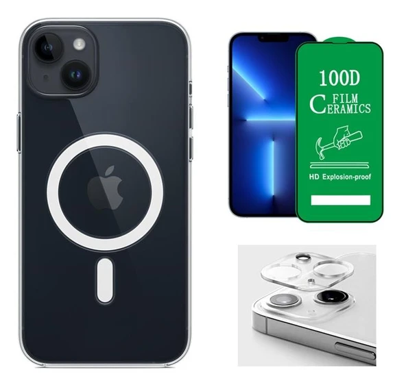 Vendas iPhone 14 Uyumlu ( iPhone 14 ) Magsafe Şarj Destekli Darbe Dirençli Fit Hard Silikon Kılıf + Kamera Lens + Seramik Nano Ekran Koruyucu